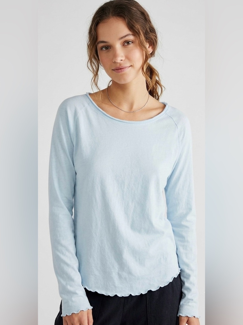 Free People We The Free Light Blue Long Sleeve Lettuce Trim Tee Top - Size XL